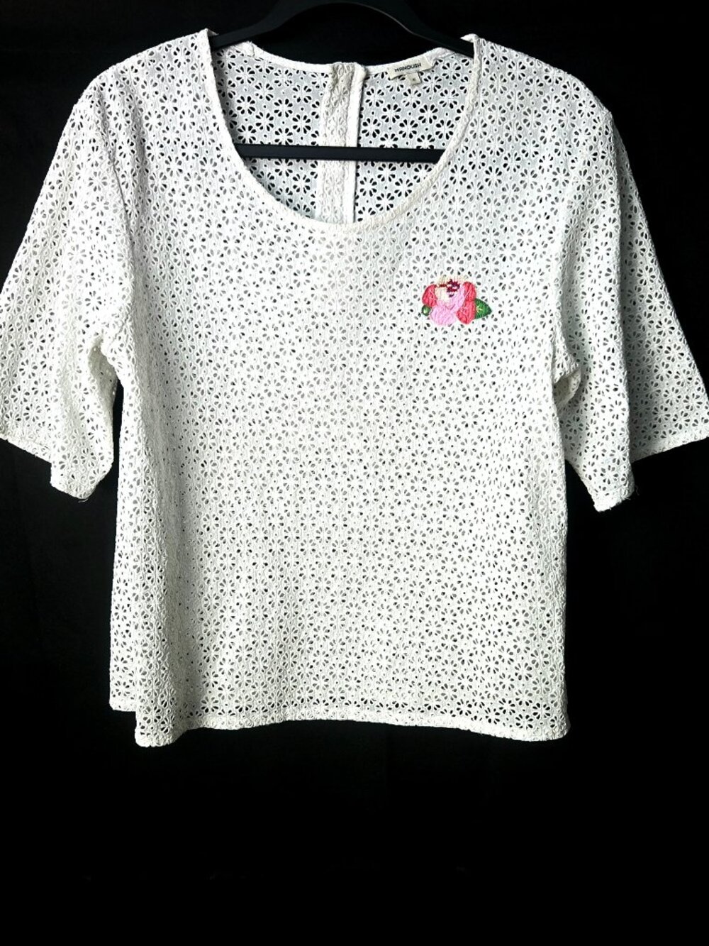 Manoush Blouse Top White Eyelet Lace Flower Badge Short Sleeve Y2K Retro